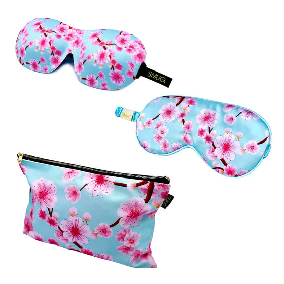 Contoured & Satin Sleep Mask Double Pack & Cherry Blossom Accessory Bag Set - Cherry Blossom Print SMUG