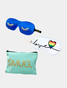  Contoured & Satin Sleep Mask Double Pack & Mint Green Travel Bag Set - Pride Love Print & Wink Print, Blue SMUG