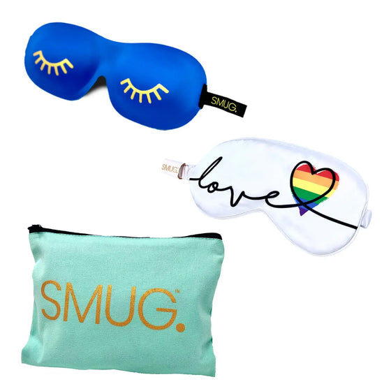 Contoured & Satin Sleep Mask Double Pack & Mint Green Travel Bag Set - Pride Love Print & Wink Print, Blue SMUG