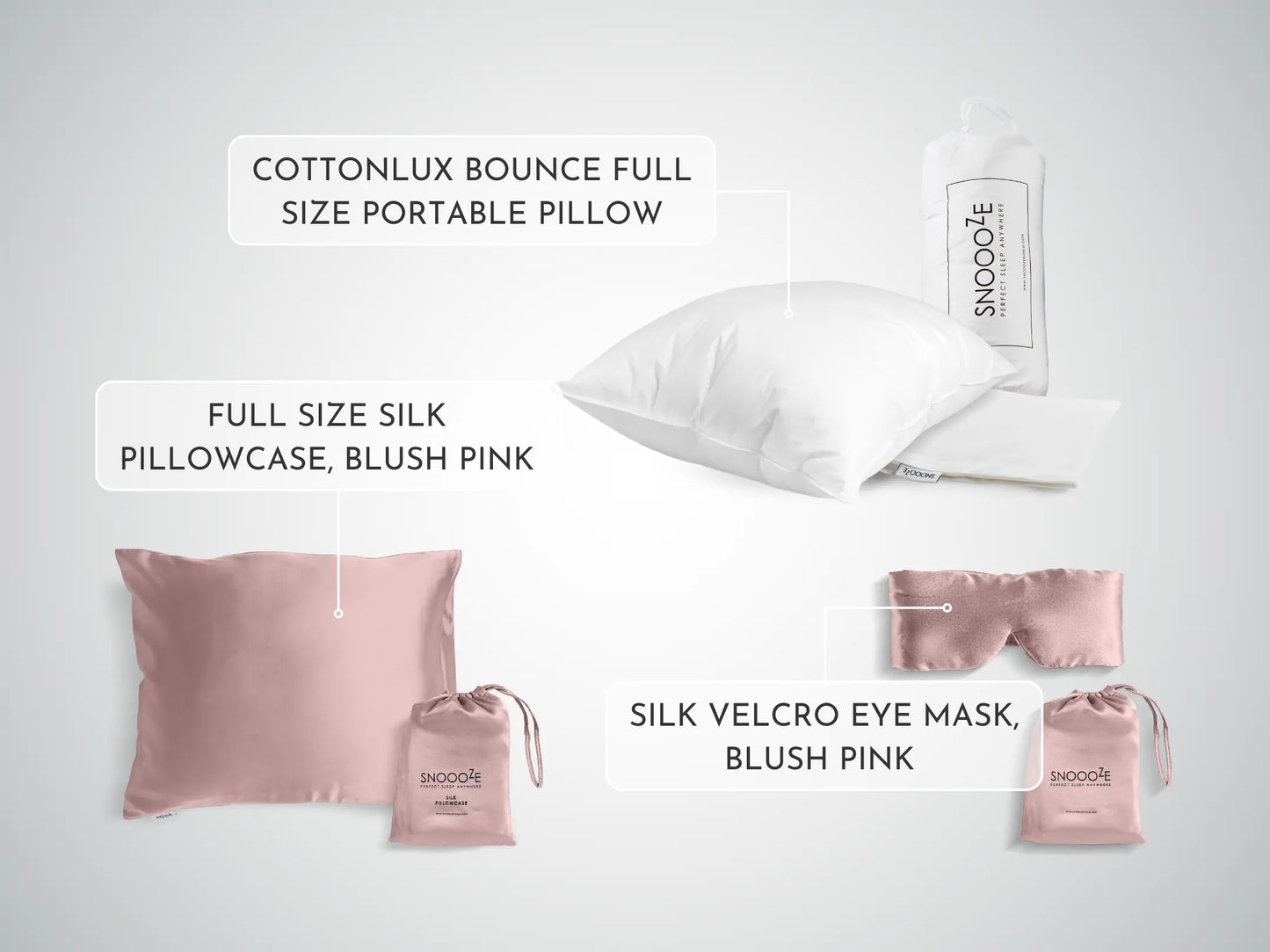 CottonLux Pillow+Silk Pillowcase+Eye Mask Bundle, Blush Pink Snooozeworld