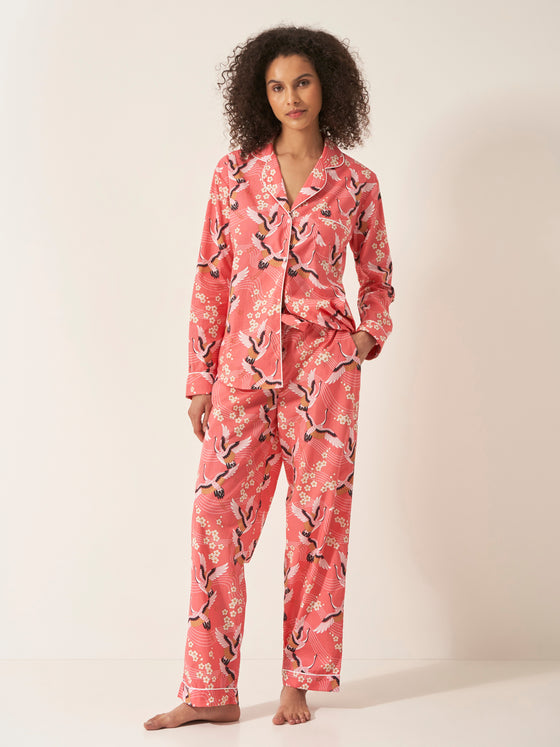 Japanese Crane on Coral Women's Long Sleeve Organic Cotton Pyjama Trouser Set