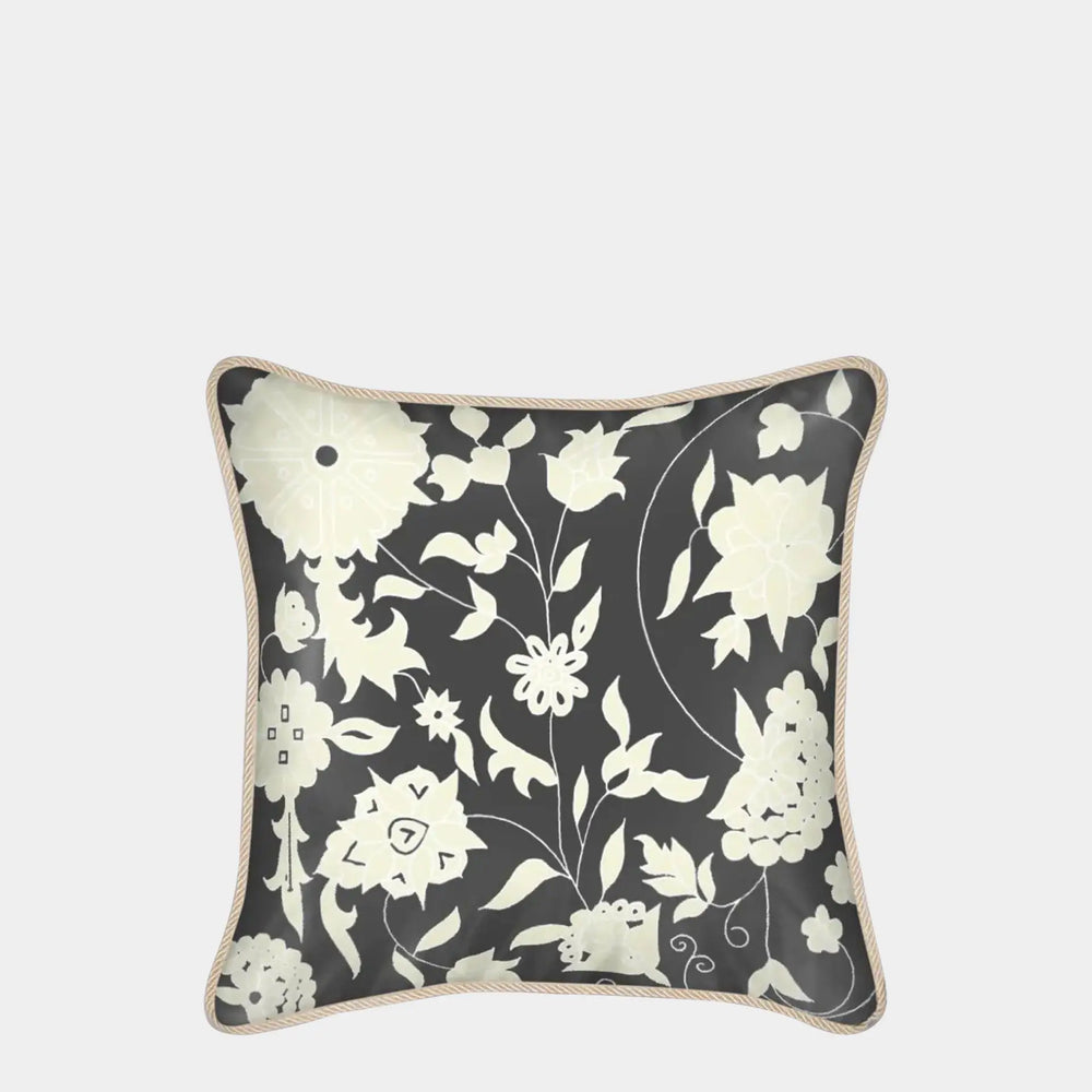 Cream Carpet Flowers on Charcoal Silk Cushion Long Studio Design