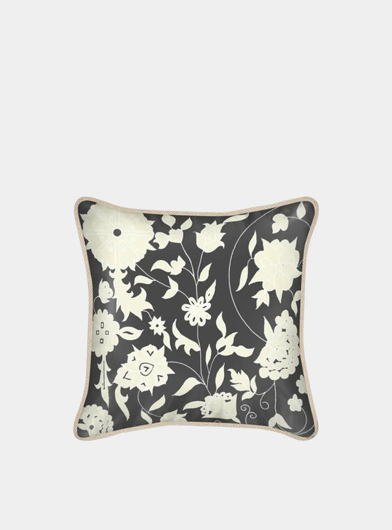 Cream Carpet Flowers on Charcoal Silk Cushion Long Studio Design