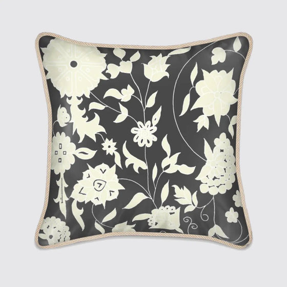 Cream Carpet Flowers on Charcoal Silk Cushion Long Studio Design