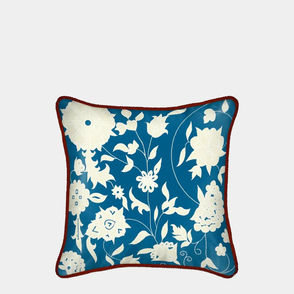 Cream Carpet Flowers on Teal Silk Cushion Long Studio Design