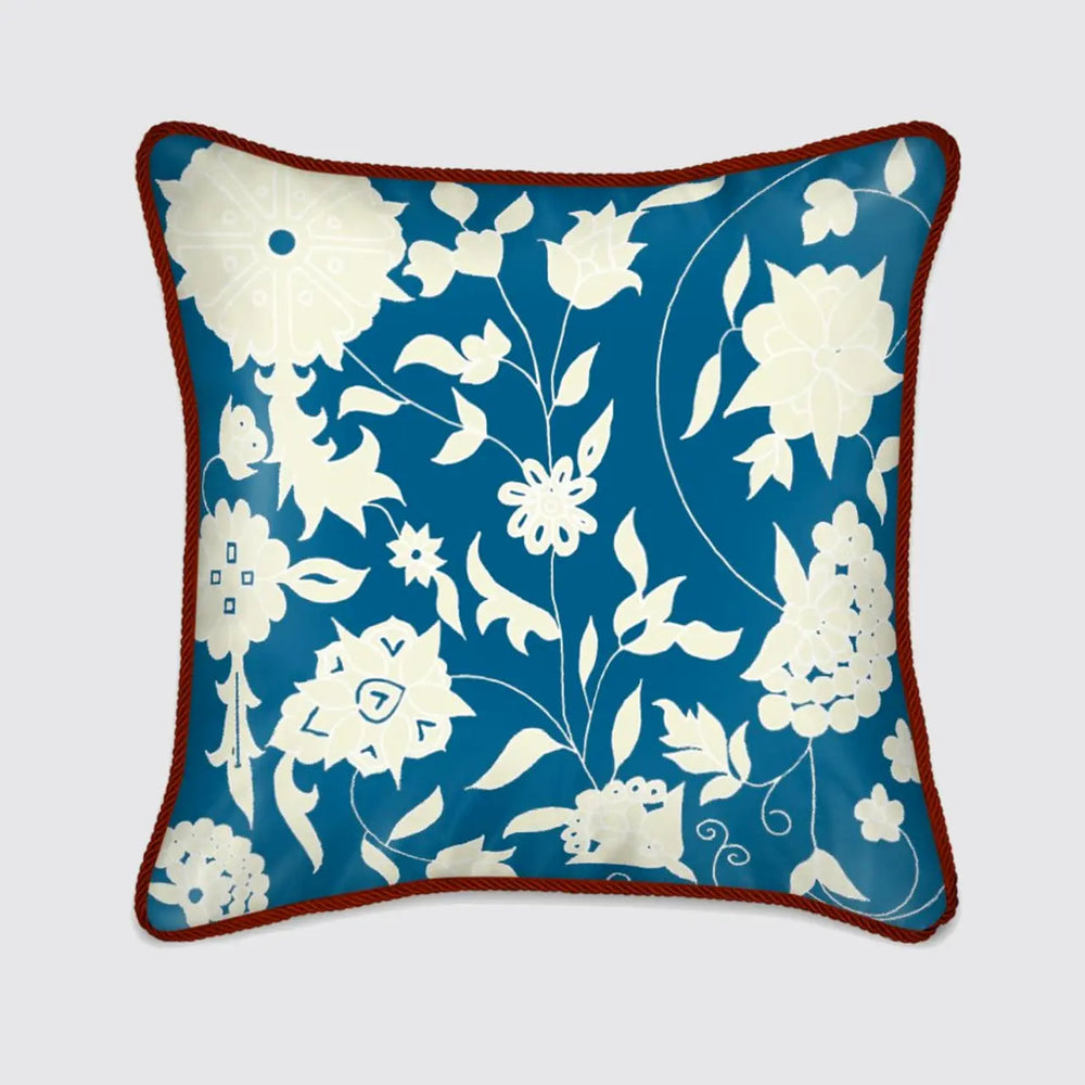 Cream Carpet Flowers on Teal Silk Cushion Long Studio Design