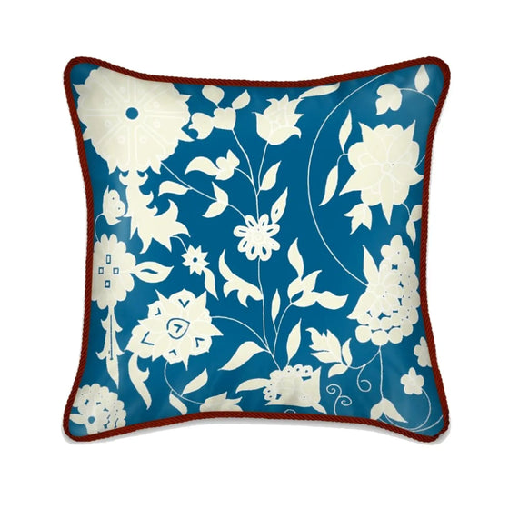 Cream Carpet Flowers on Teal Silk Cushion Long Studio Design