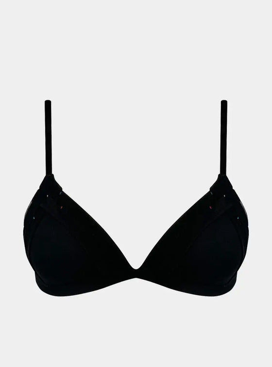 Crossing Lines Mesh T-Shirt Push-Up Wireless Triangle Black Bra NOKAYA