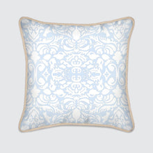  White Hummingbird Damask on Pale Blue Silk Cushion Long Studio Design