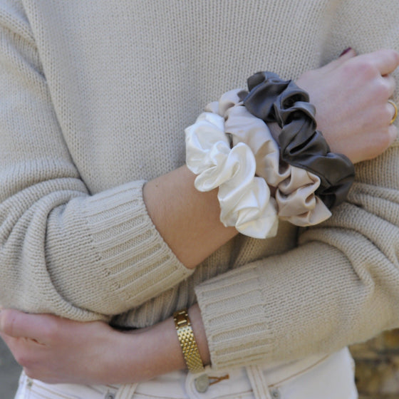 3 Large Silk Scrunchies - Neutrals Silk Works London