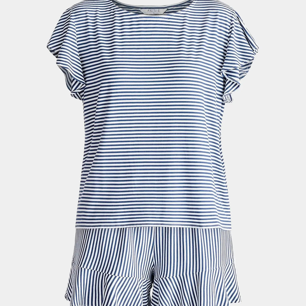 Dark Blue and White Frill Pyjama T-Shirt Set With Matching Overnight Pouch Paisie