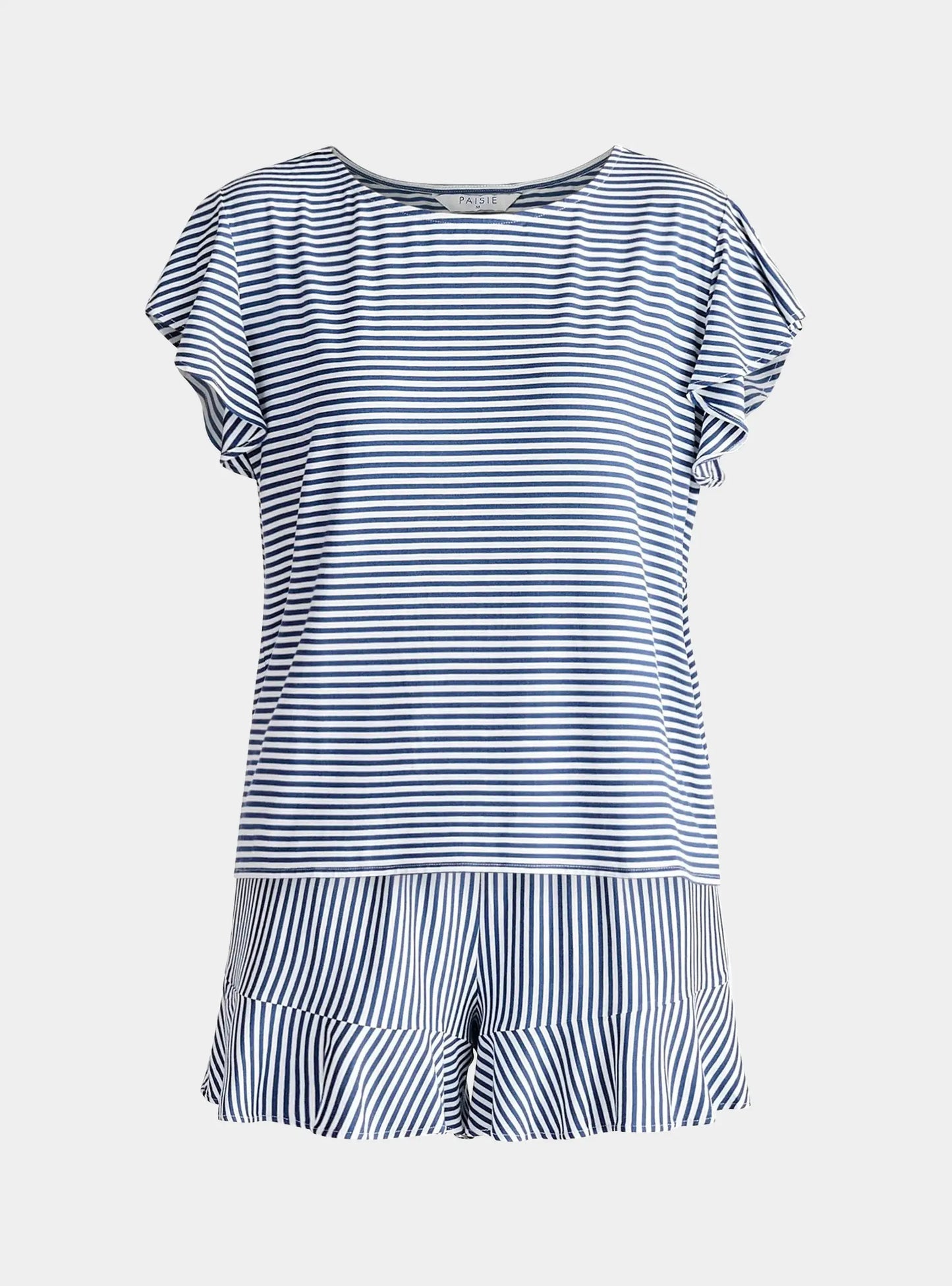 Dark Blue and White Frill Pyjama T-Shirt Set With Matching Overnight Pouch Paisie