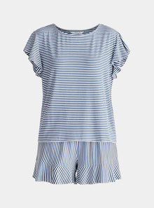  Dark Blue and White Frill Pyjama T-Shirt Set With Matching Overnight Pouch Paisie