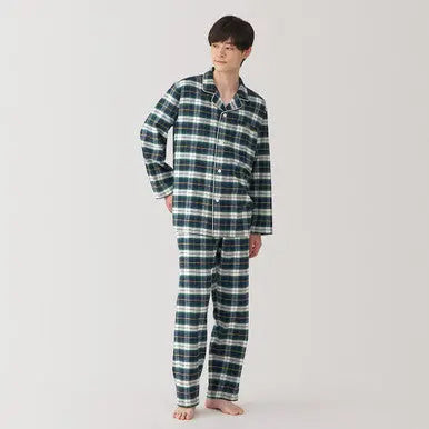 Dark Green Check Men's Side Seamless Flannel Pyjamas MUJI UK