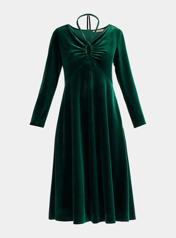 Dark Green Velvet Tie-Neck Dress Paisie