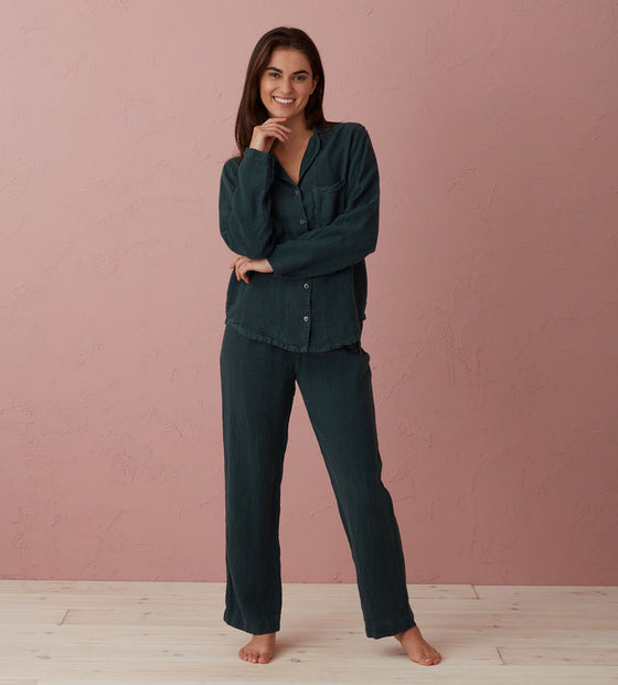 Darkest Spruce Polly 100% Linen Pyjama Top The Secret Linen Store