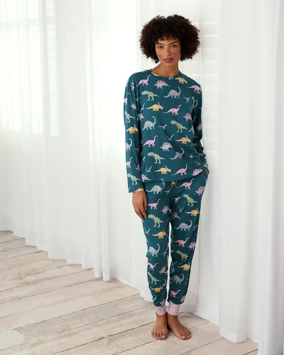 Dinosaur Print Long Pyjama Set - Dark Teal Chelsea Peers