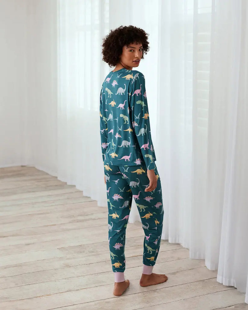 Dinosaur Print Long Women's Pyjama Set - Dark Teal Chelsea Peers