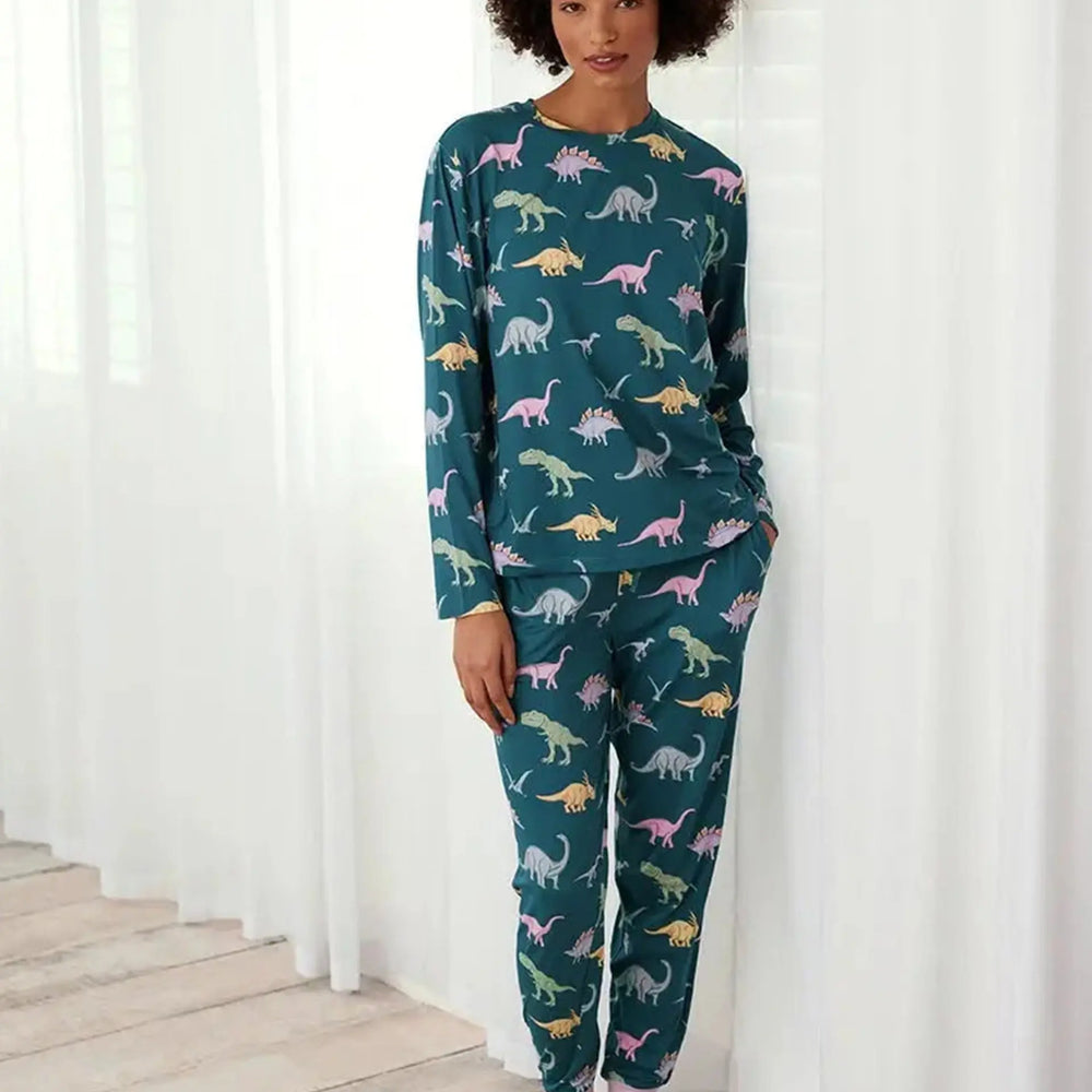 Dinosaur Print Long Women's Pyjama Set - Dark Teal Chelsea Peers