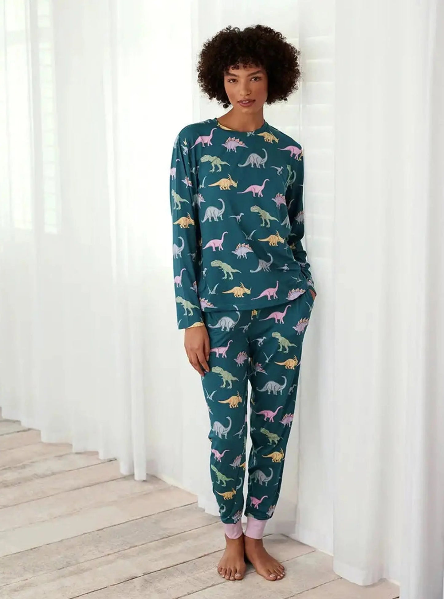 Dinosaur Print Long Women's Pyjama Set - Dark Teal Chelsea Peers