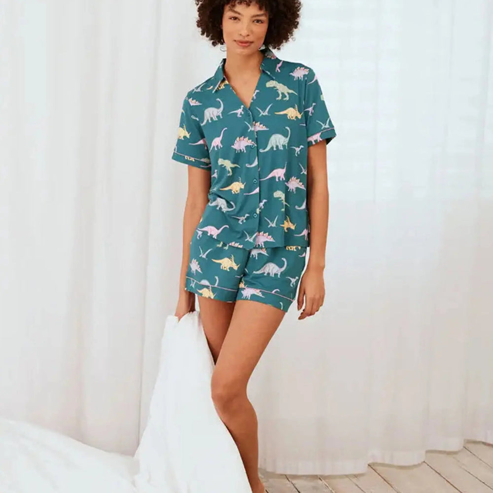 Dinosaur Print Short Women's Pyjama Set - Dark Teal Chelsea Peers