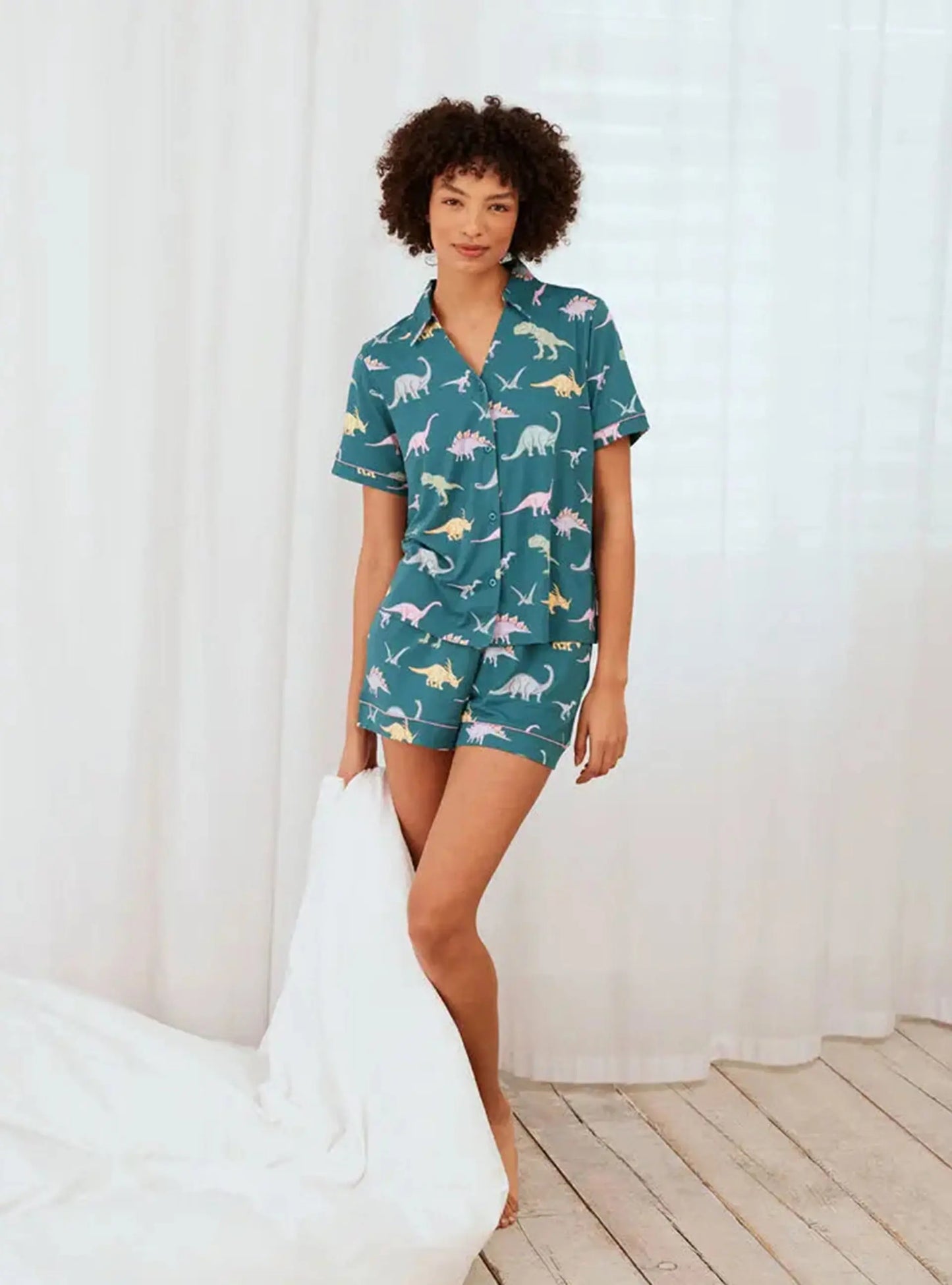 Dinosaur Print Short Women's Pyjama Set - Dark Teal Chelsea Peers