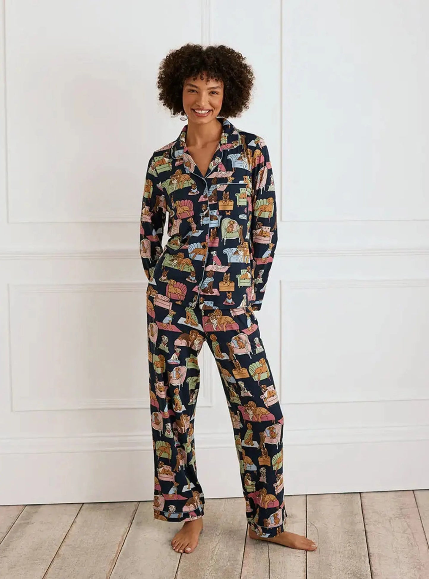 Dogs Night In Print Women's Long Pyjama Set Chelsea Peers