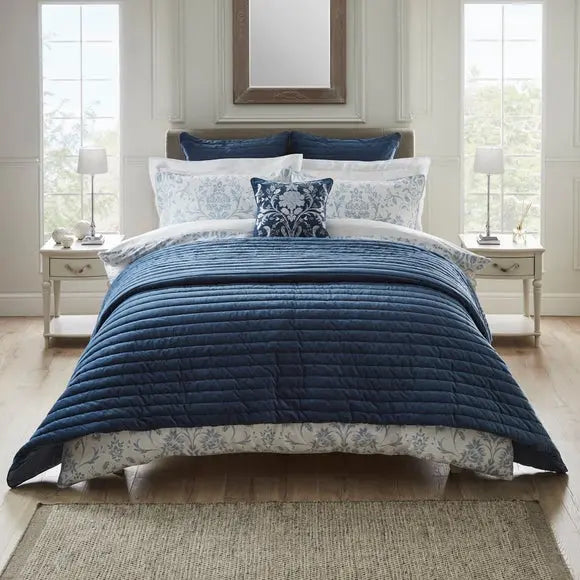 Dorma Remington Cotton Velvet Blue Bedspread Dunelm