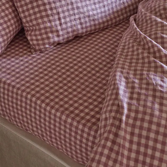 Elderberry Gingham Linen Fitted Sheet Piglet