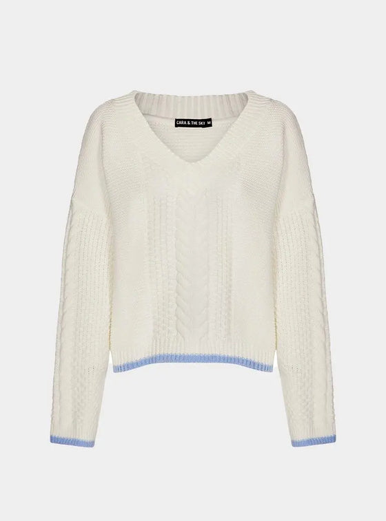 Emma v Neck Cable Knit Jumper - White Cara & The Sky