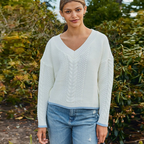 Emma v Neck Cable Knit Jumper - White Cara & The Sky