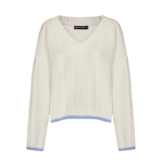 Emma v Neck Cable Knit Jumper - White Cara & The Sky