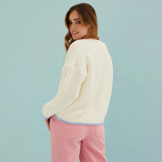 Emma v Neck Cable Knit Jumper - White Cara & The Sky