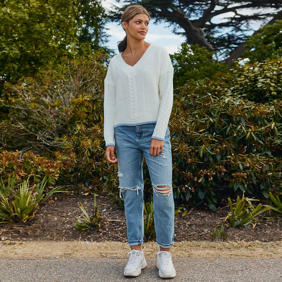 Emma v Neck Cable Knit Jumper - White Cara & The Sky