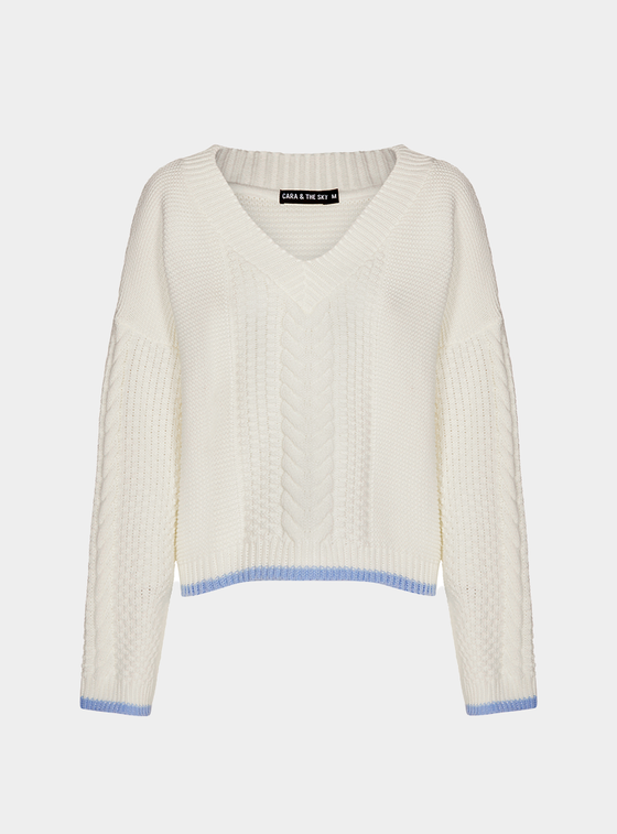 Emma v Neck Cable Knit Jumper - White