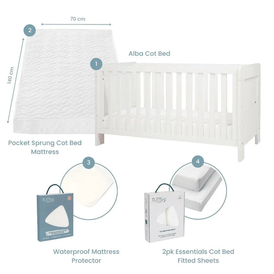 Essentials Alba Cot Bed, Mattress & Bedding Bundle Tutti Bambini