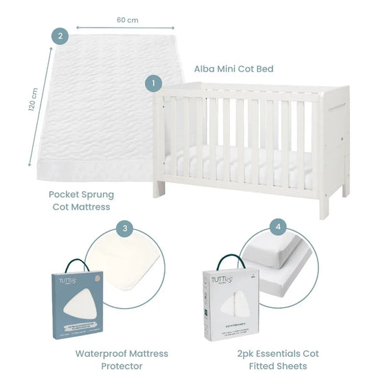 Essentials Alba Mini Cot Bed, Mattress & Bedding Bundle Tutti Bambini