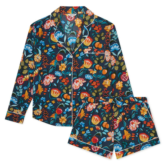 Florals on Navy Women's Long Sleeve Organic Cotton Pyjama Short Set Myza