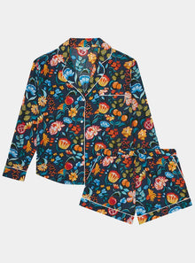  Florals on Navy Women's Long Sleeve Organic Cotton Pyjama Short Set Myza