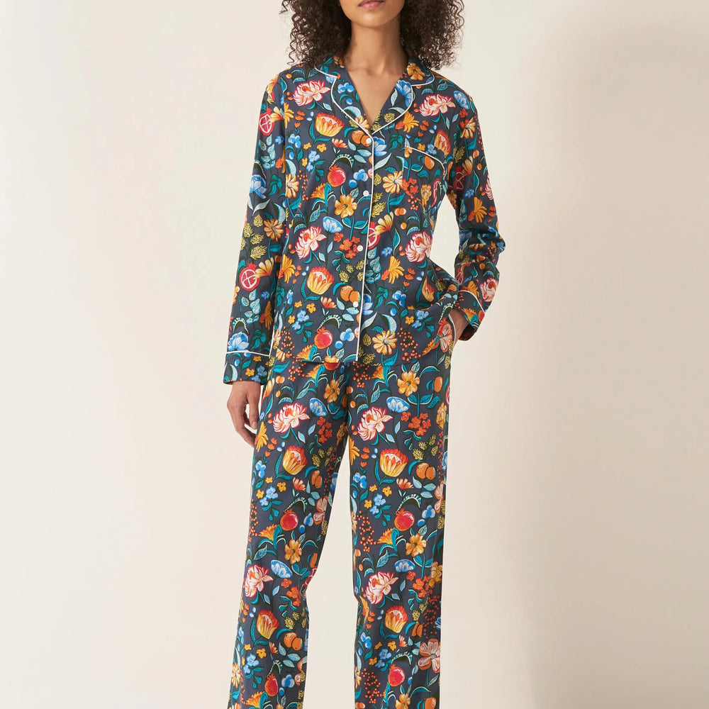 Florals on Navy Women's Long Sleeve Organic Cotton Pyjama Trouser Set Myza