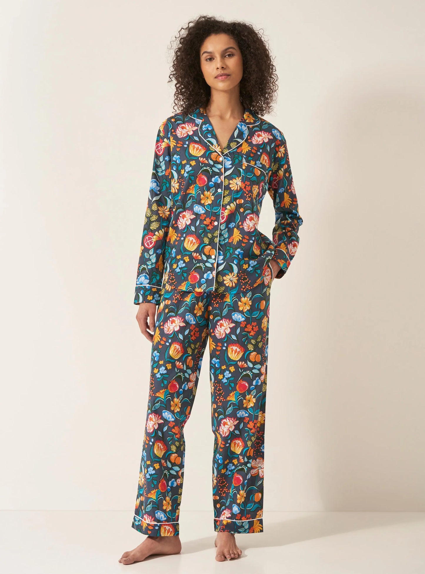 Florals on Navy Women's Long Sleeve Organic Cotton Pyjama Trouser Set Myza