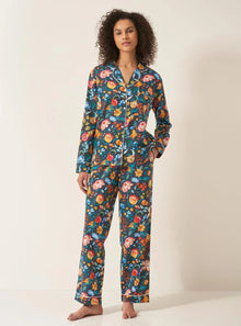  Florals on Navy Women's Long Sleeve Organic Cotton Pyjama Trouser Set Myza