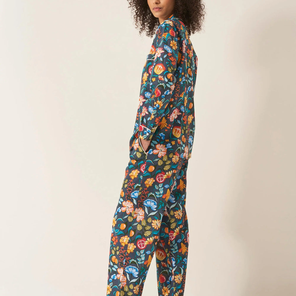 Florals on Navy Women's Long Sleeve Organic Cotton Pyjama Trouser Set Myza