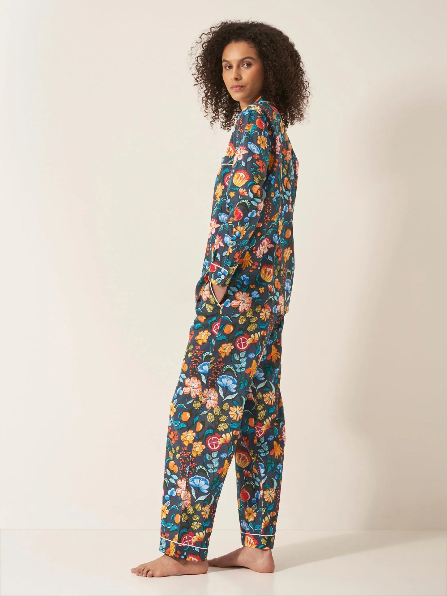 Florals on Navy Women's Long Sleeve Organic Cotton Pyjama Trouser Set Myza