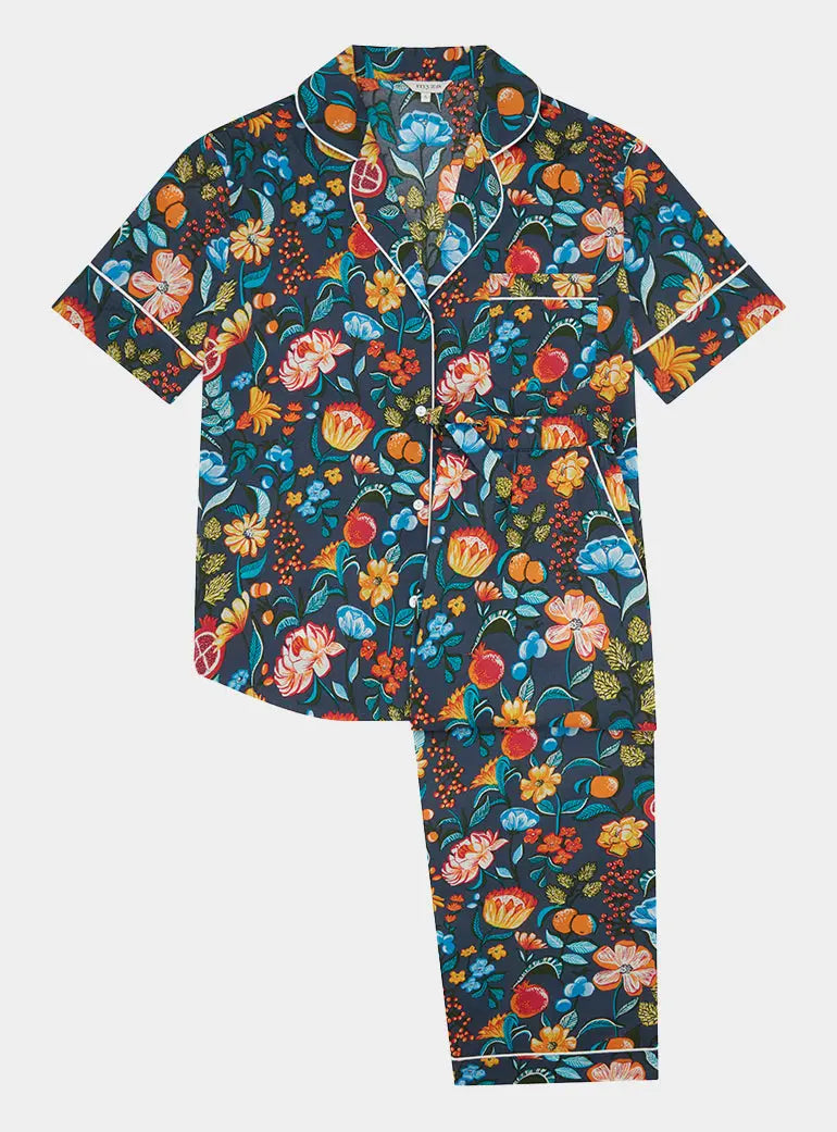 Florals on Navy Women's Short Sleeve Organic Cotton Pyjama Trouser Set Myza