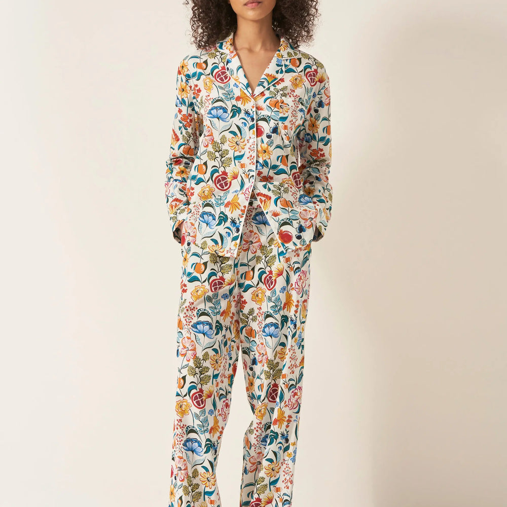 Florals on White Women's Long Sleeve Organic Cotton Pyjama Trouser Set Myza