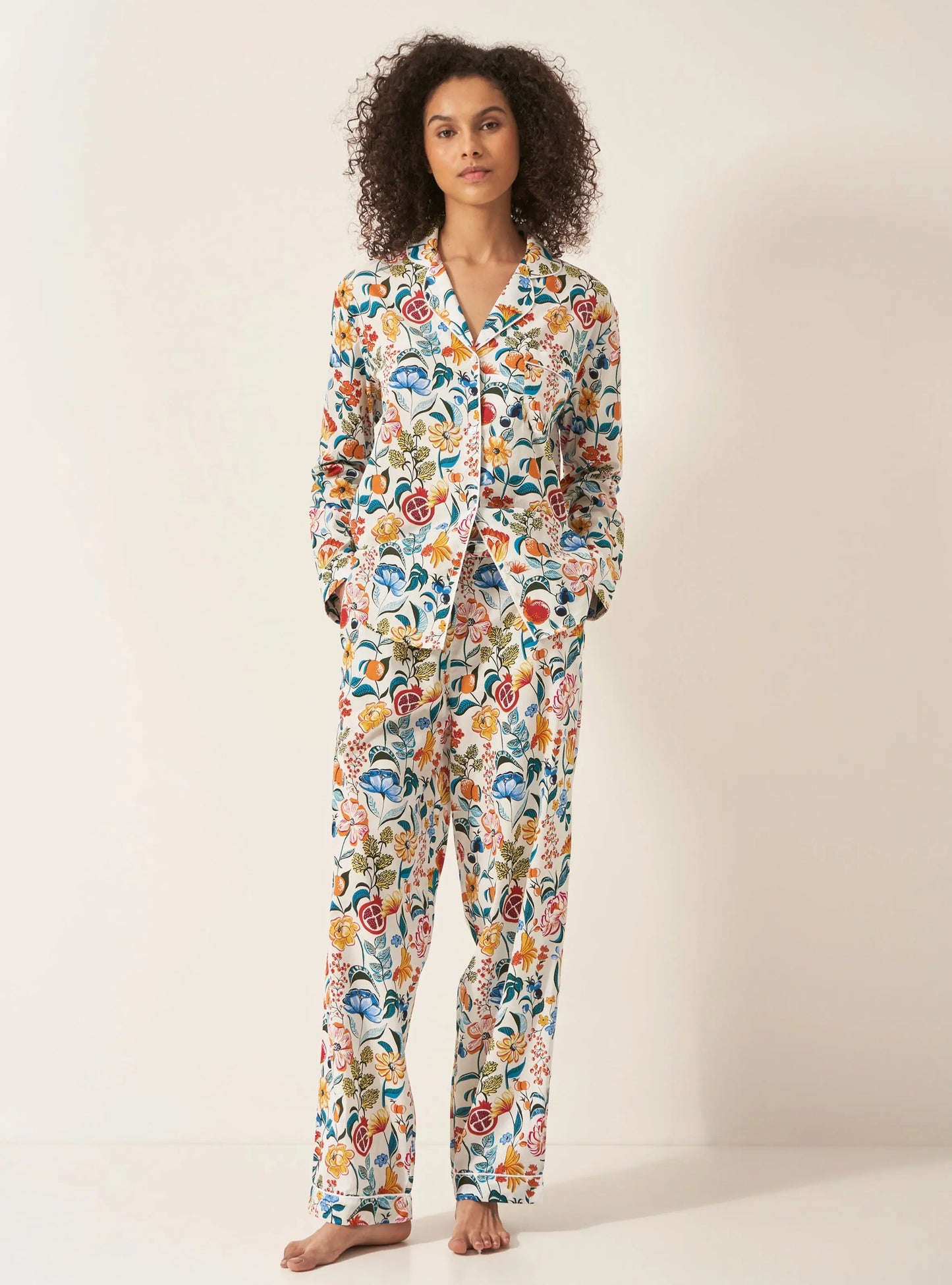 Florals on White Women's Long Sleeve Organic Cotton Pyjama Trouser Set Myza