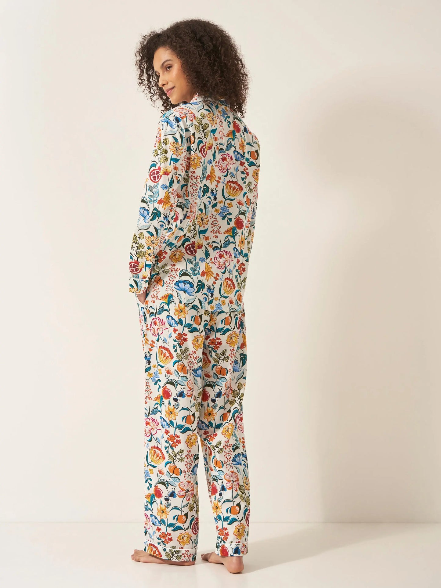 Florals on White Women's Long Sleeve Organic Cotton Pyjama Trouser Set Myza