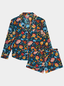  Florals on Navy Women's Long Sleeve Organic Cotton Pyjama Short Set