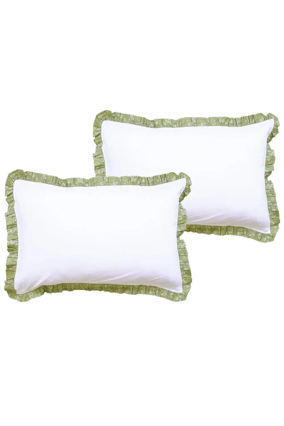 Gathered Edge Pillowcase in White With Liberty Fabric CAPEL PISTACHIO Coco & Wolf